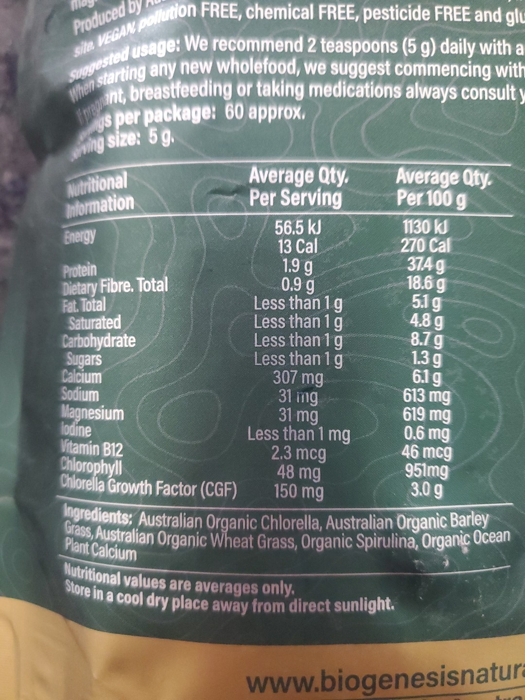 2 Bags Australian Organic Super Greens + Vegan Powder-60 servings/bag Biogenesis