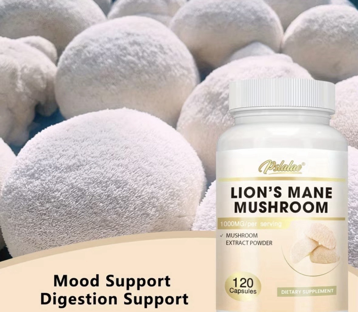 Pslalae Lion’s Mane Mushroom Extract 1000mg 120 Capsules Mood Digestion Support