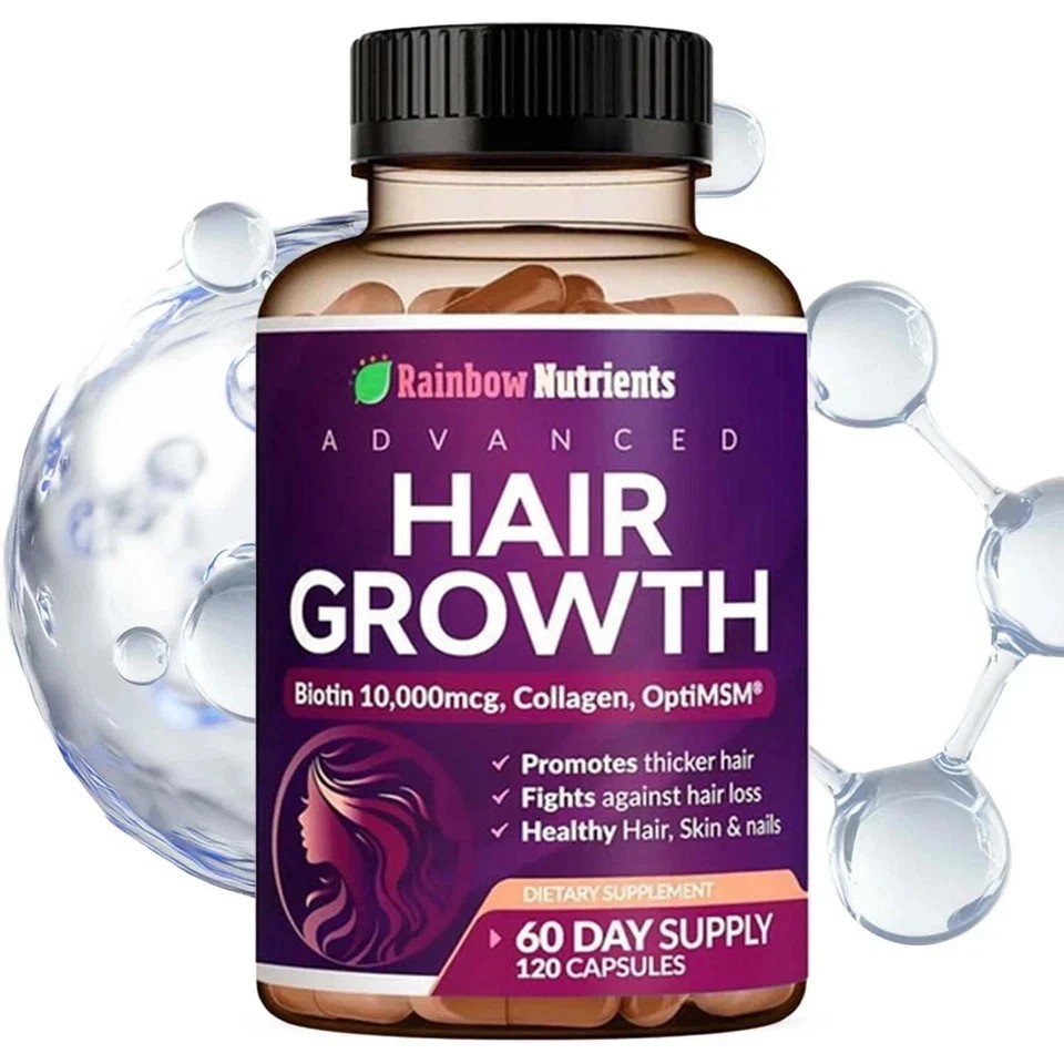 Rainbow Nutrients Hair Vitamins Growth w Biotin 10 , 000mcg Collagen 120Capsules
