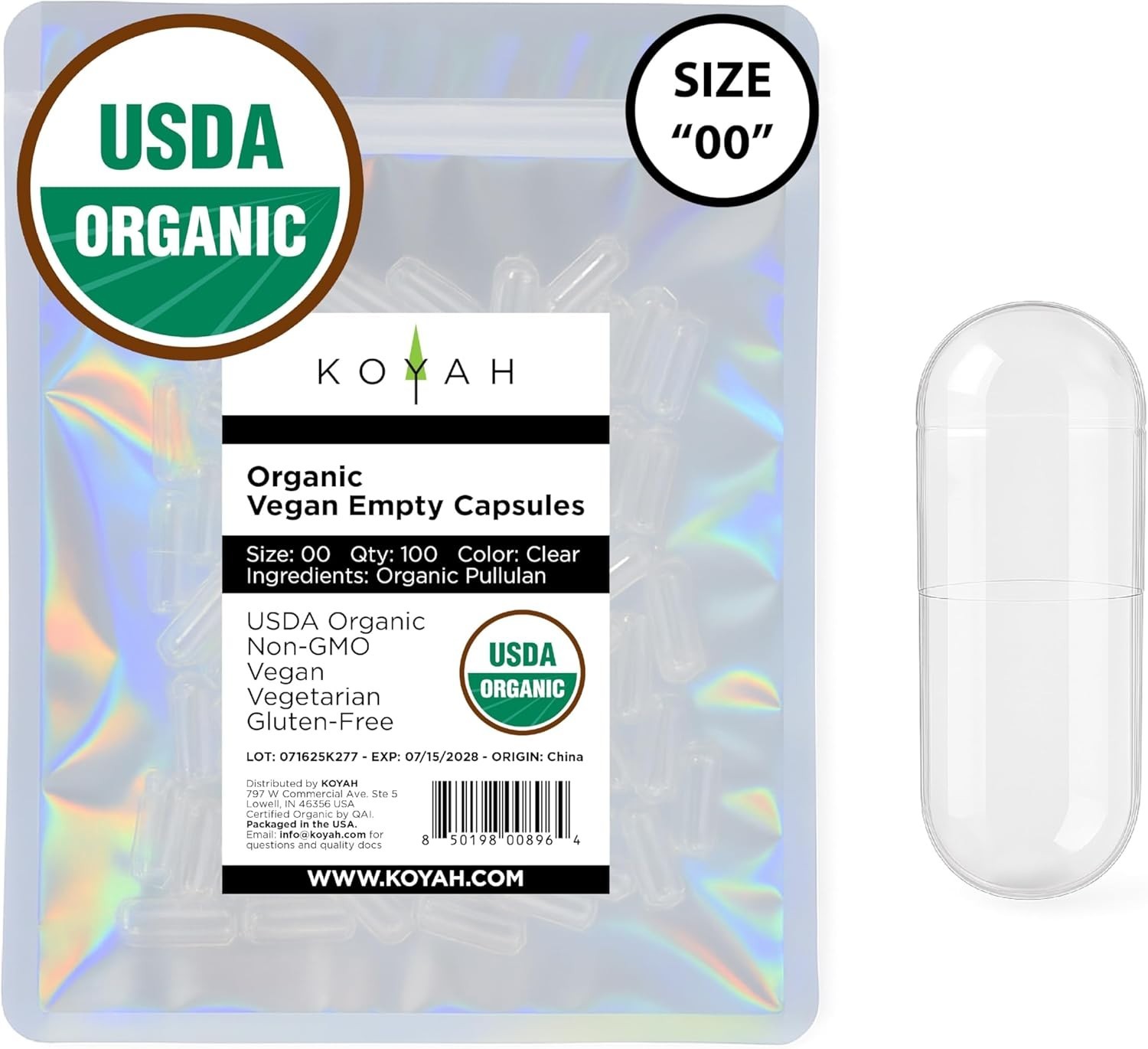 Certified Organic Empty Pullulan Capsules: Size 00, , Gluten-Free, Non-GMO, A…