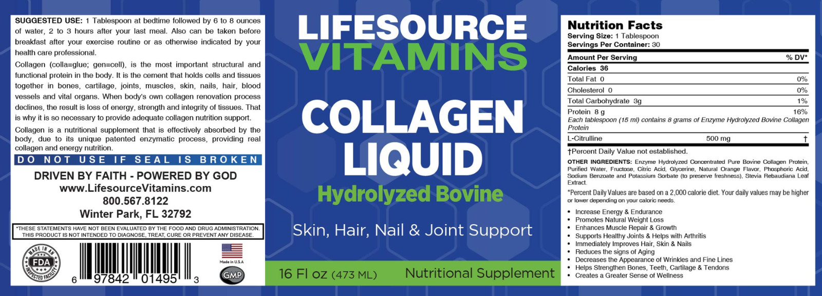 LifeSource Vitamins Collagen Liquid- 16 fl oz