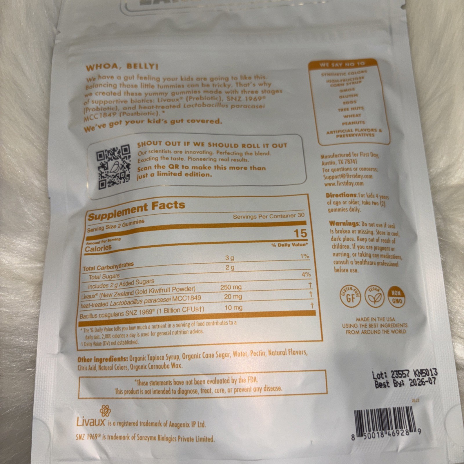 First Day Belly-Biotic For Kids Yummy Gummies Probiotics Pouch -60 Gummy BB 7/26