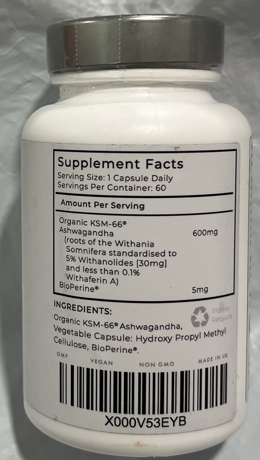 KSM-66 Ashwagandha Root Extract 600mg, 60 Vegetarian Caps-ORGANIC, Sealed 4/26