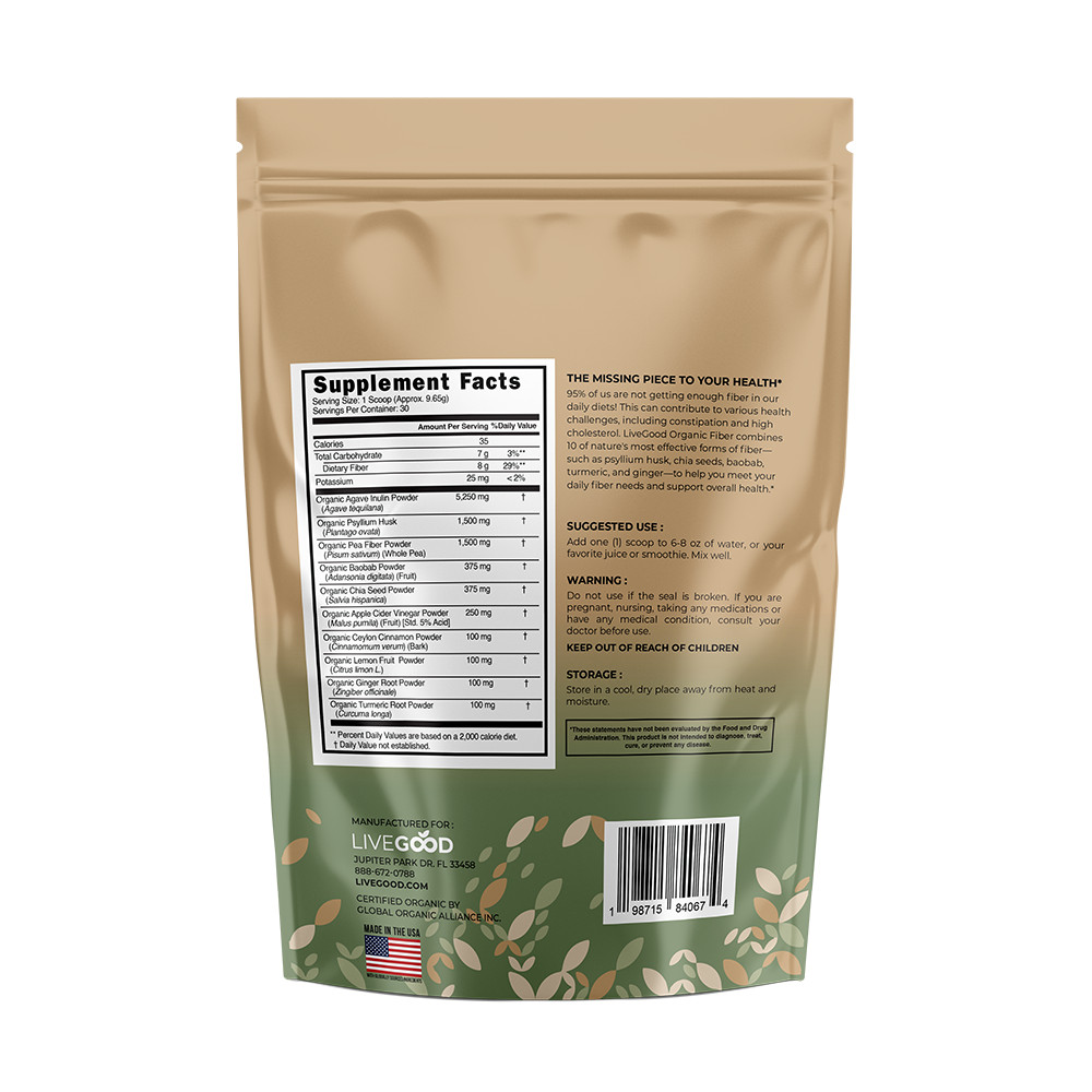 LiveGood USDA Organic Fiber Powder 8g Fiber 10 Sources Psyllium Vegan 30 Scoops