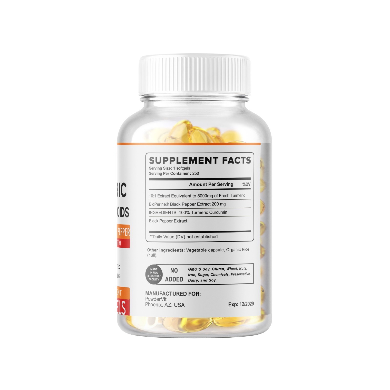 250 Softgels Turmeric Curcumin 5000mg, Herbal Extract with BioPerine NON-GMO