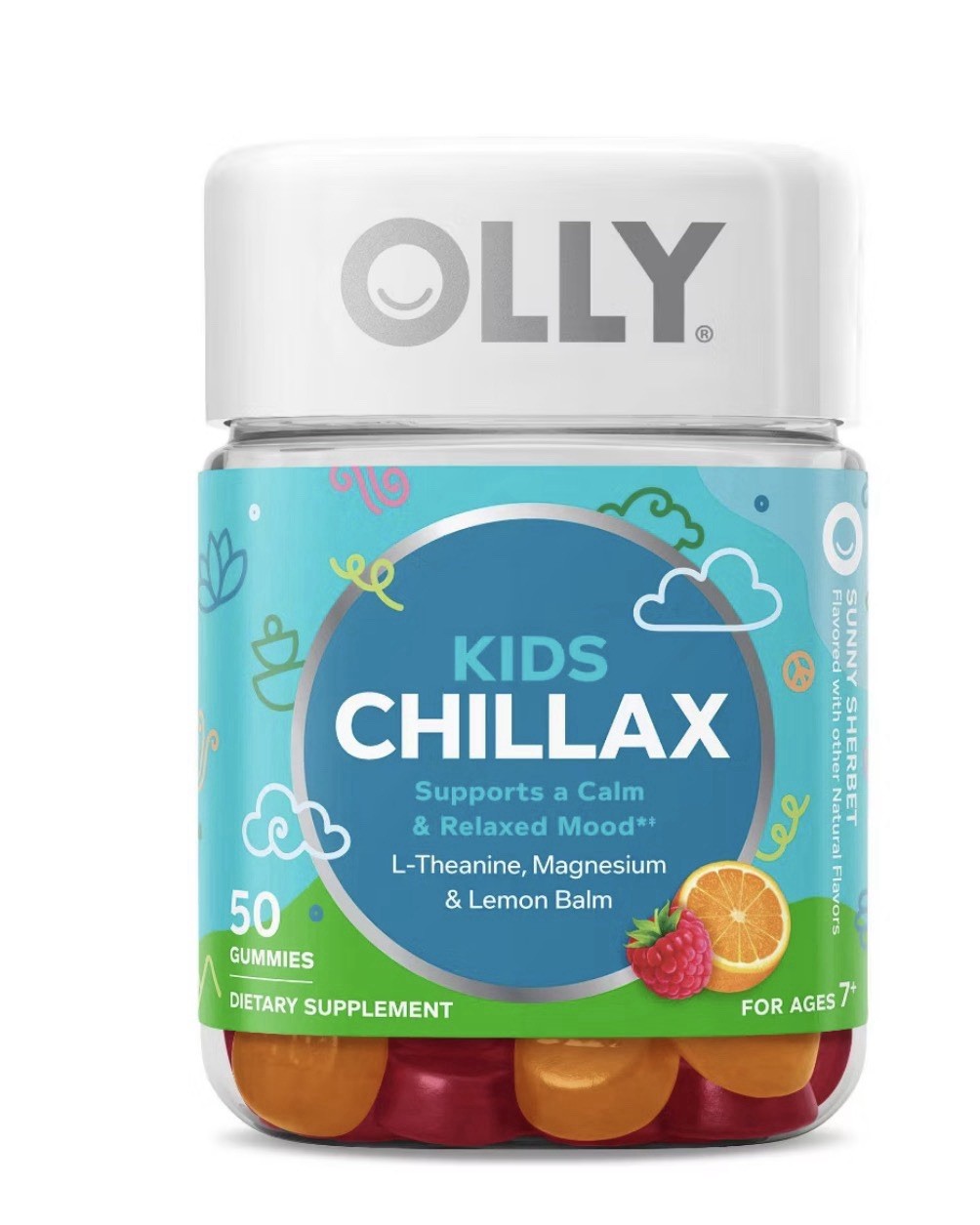 OLLY Kids Chillax Gummies Sunny Sherbet 50ct L-Theanine Magnesium Lemon Balm
