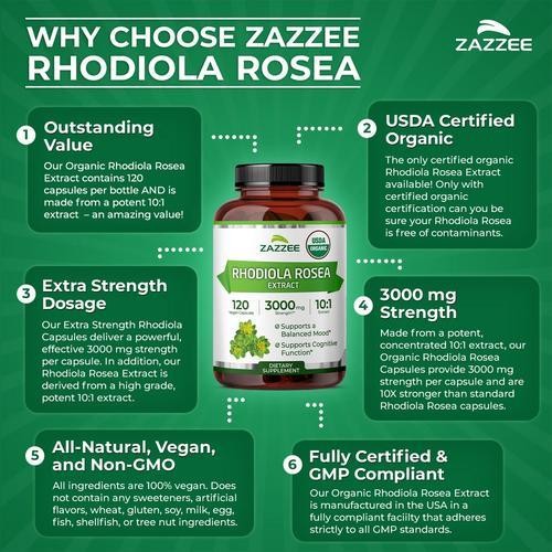 3 X Zazzee Organic Rhodiola 10:1 Exract, 3000 mg Strength, 120 Vegan Capsules
