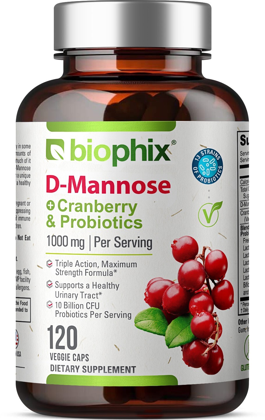 Biophix D-Mannose Plus Cranberry and Probiotics 1000 mg 120 Vegetarian Capsules