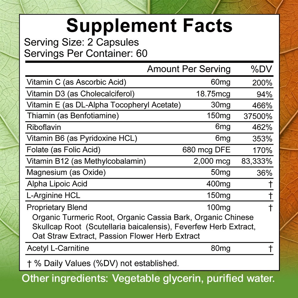 Complete B Vitamins,Amino Acids&Natural Herbal Blend for Brain Health 30~120Caps