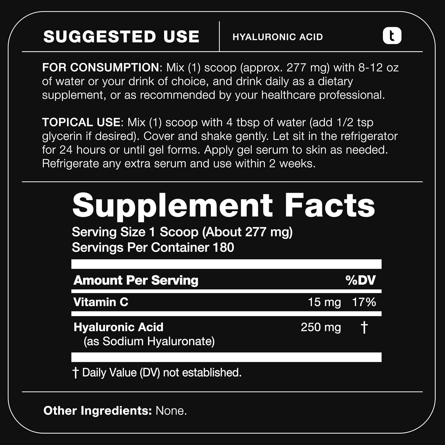 toniiq Hyaluronic Acid POWDER with Vitamin C 10/2027 250mg 180 servings