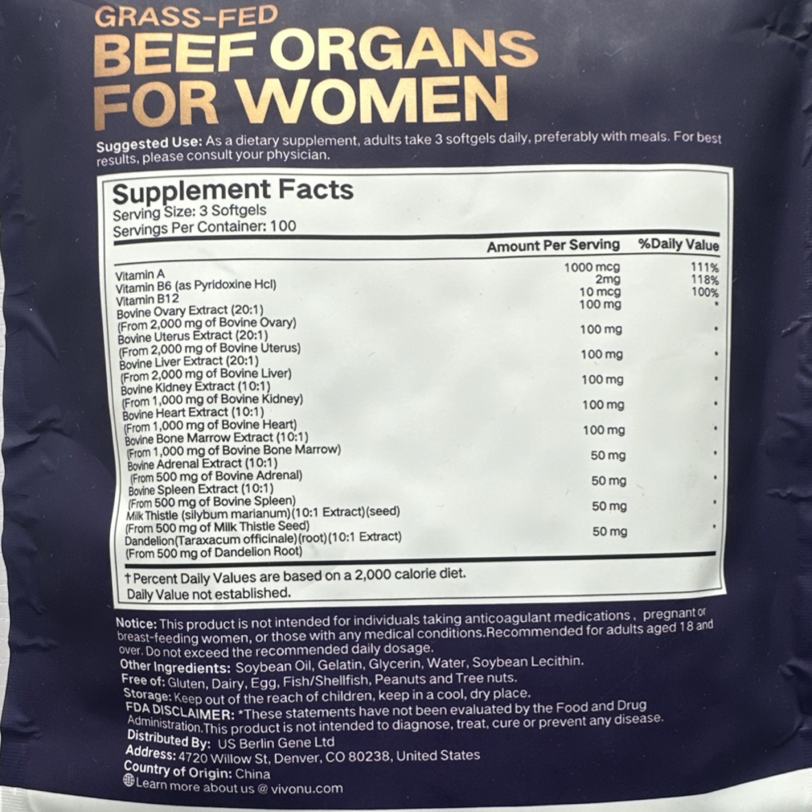Vivonu Grass-Fed Beef Organs for Women Softgels Gluten-Free 300ct Exp 09/2027