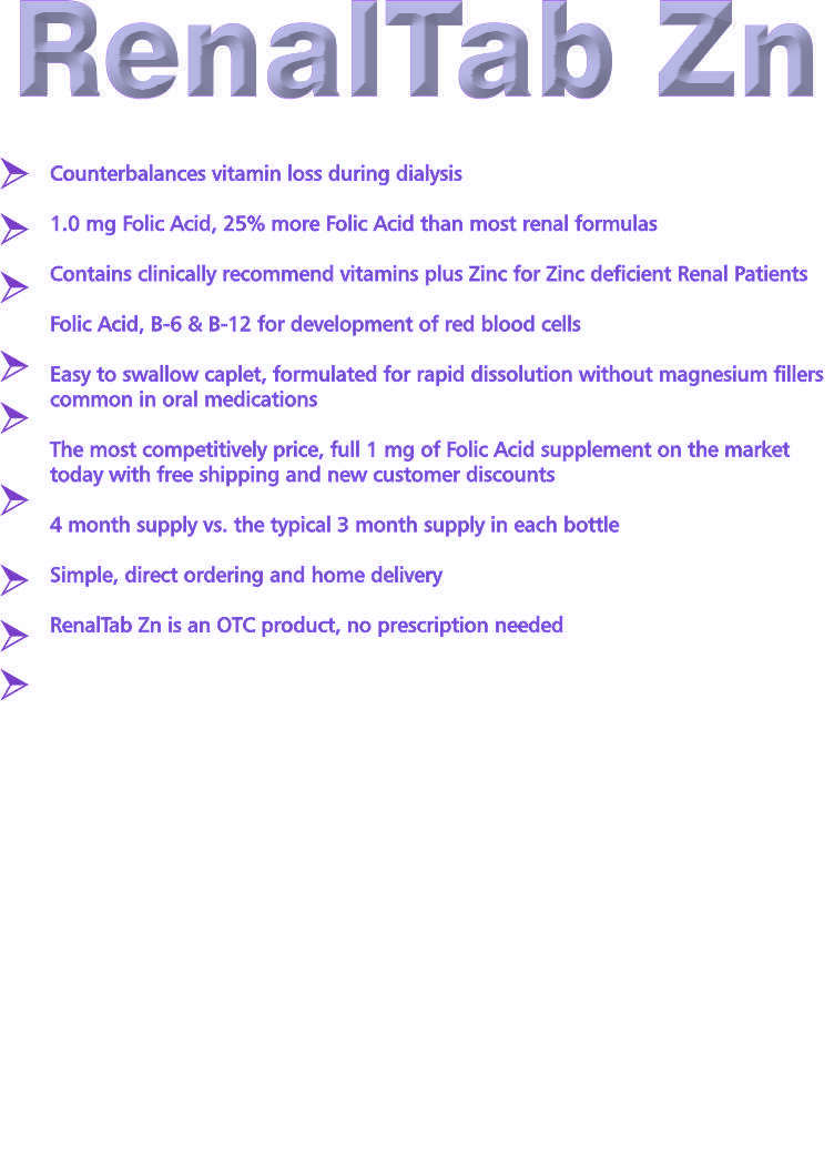 RENALTAB Zn, 4 MONTHS SUPPLY (COMPARES DIALYVITE+ZINC 15, 100TABS)