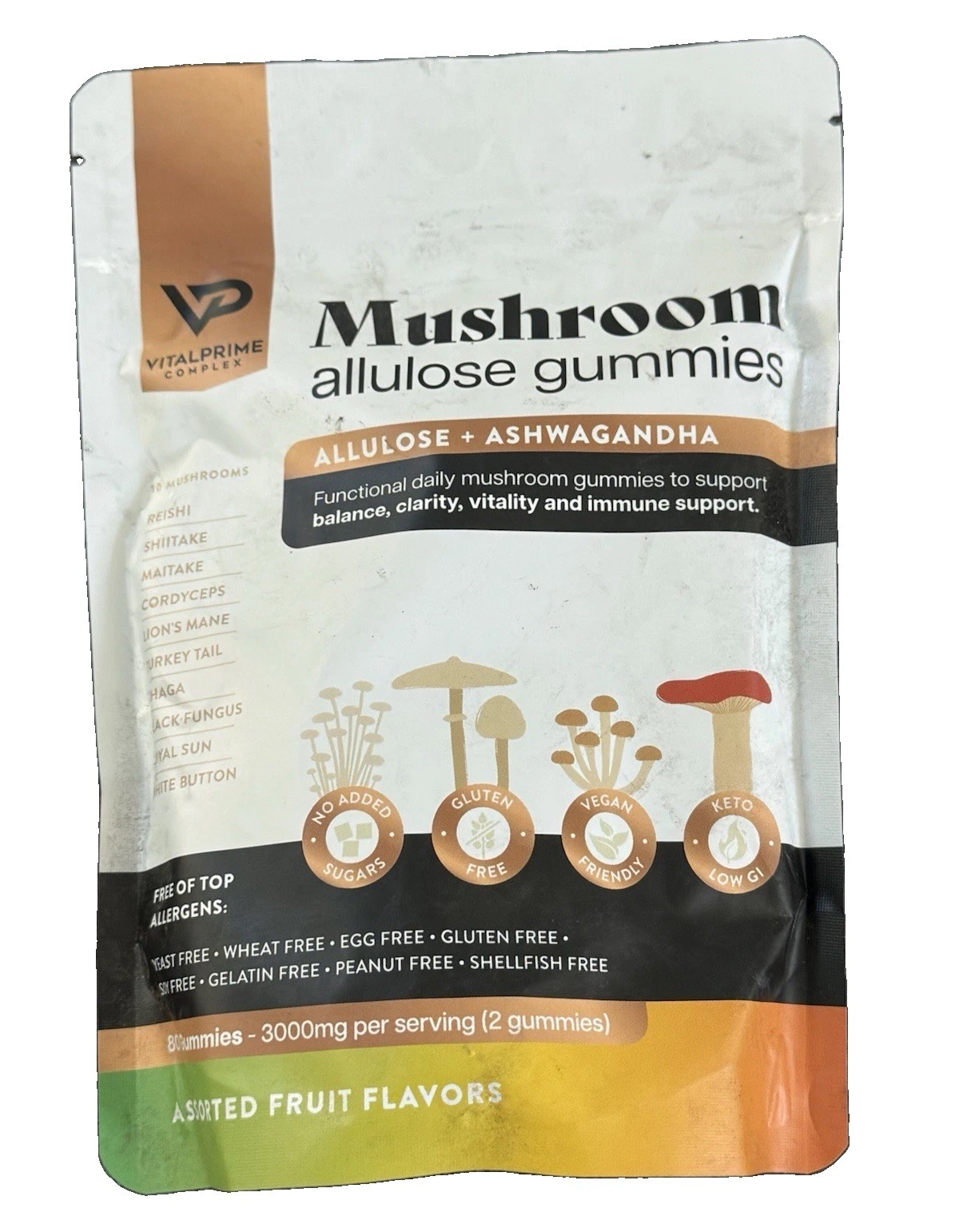 VitalPrime Complex Mushroom Gummies Vegan Keto Ashwagandha 3000mg 80 Ct Fruit