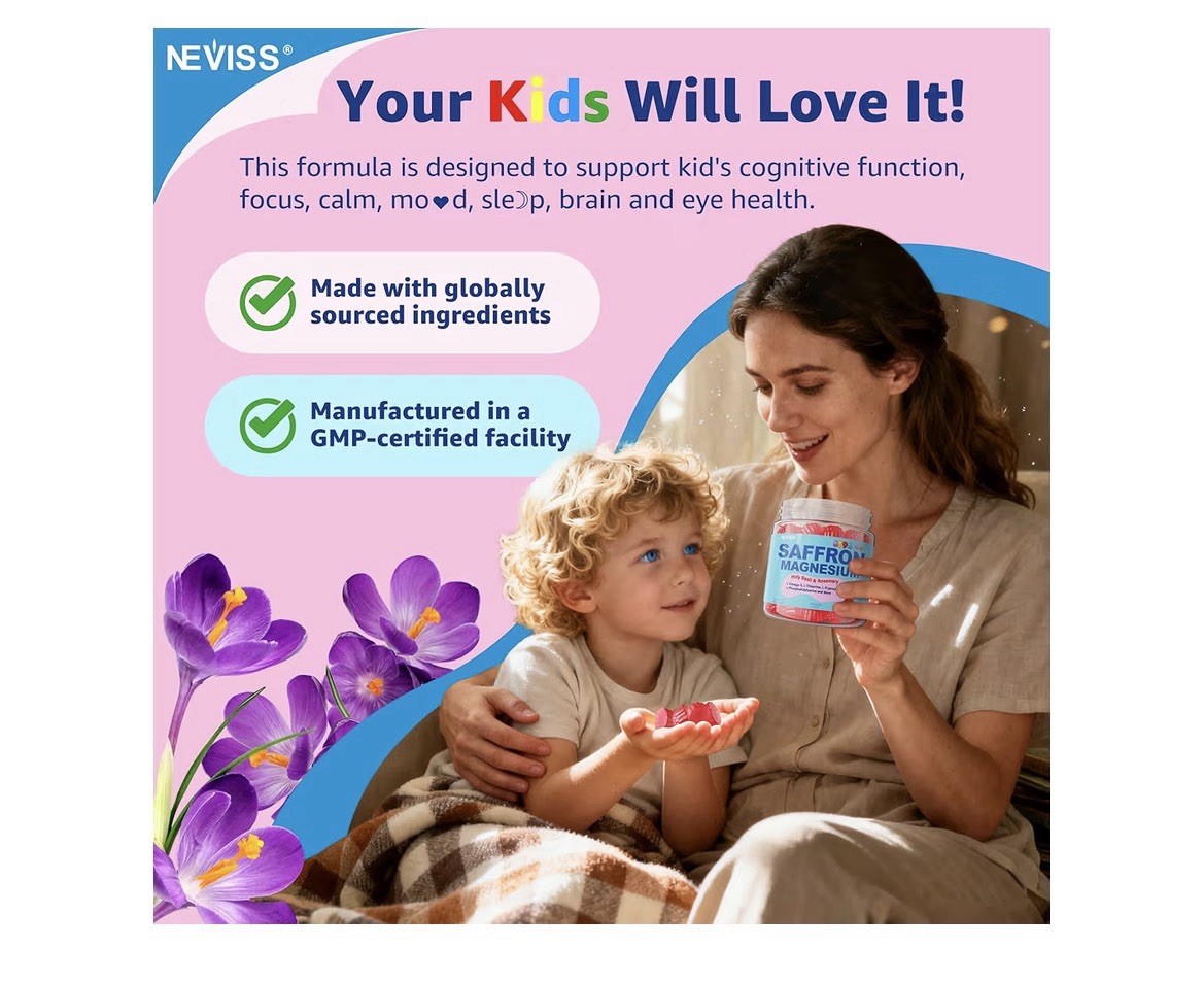 2 Pack Neviss Saffron Magnesium Glycinate For Kids 4+ Focus Calm Happy Mood