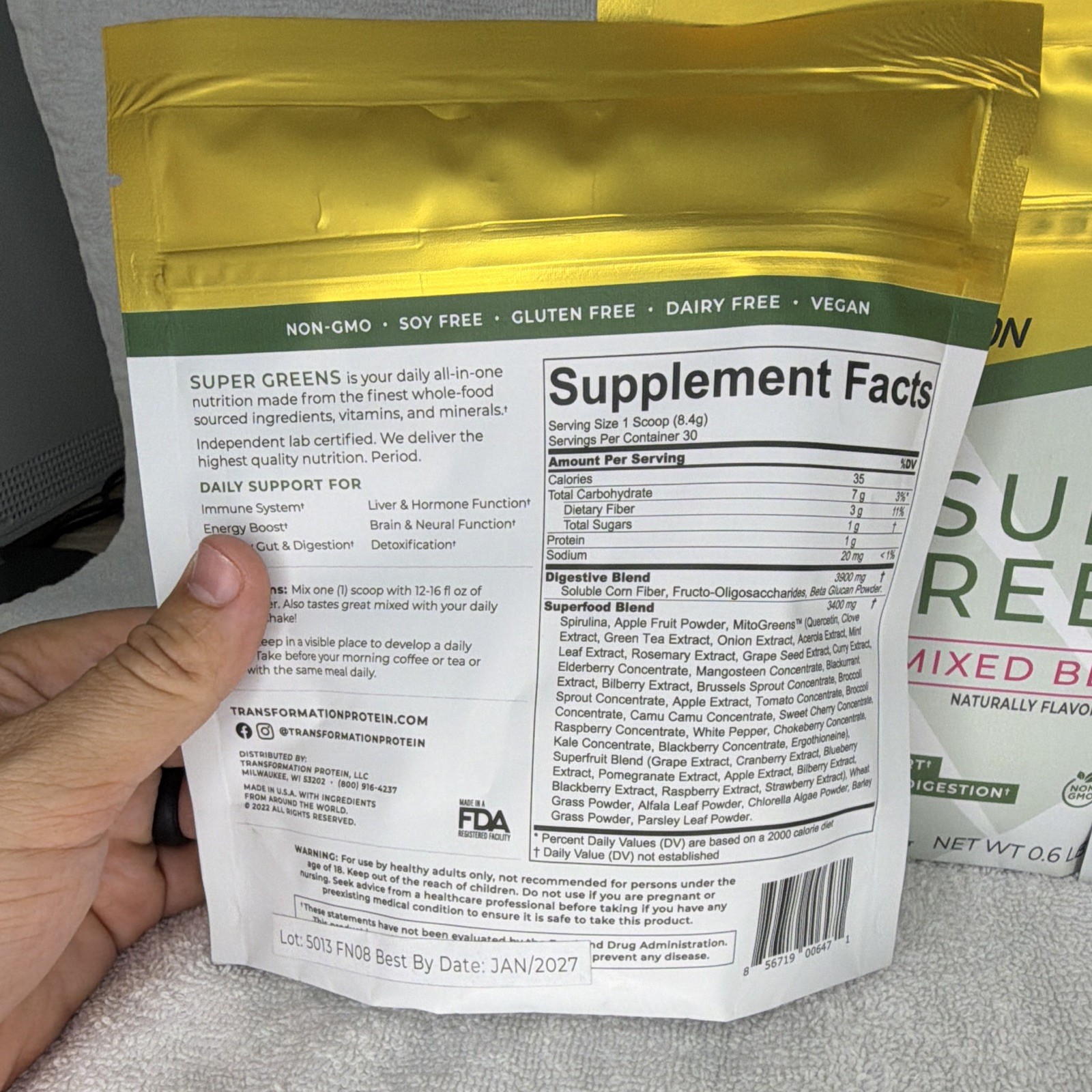 Transformation Super Greens Mixed Berries Powder Vegan Gluten Free 0.6lb 252g