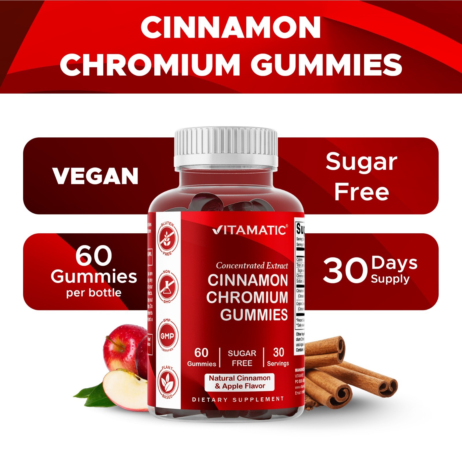 2 Pack Vitamatic Sugar Free Chromium Ceylon Cinnamon – 2000 mg -60 Vegan Gummies