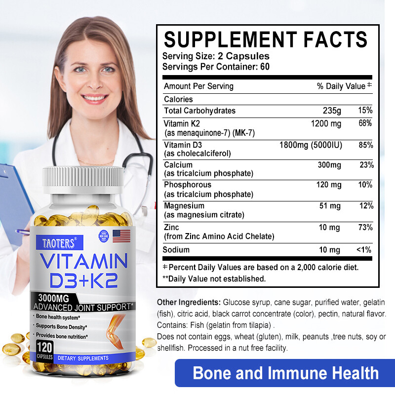 Vitamin D3 5000IU + K2 MK7 Calcium Absorption & Bone Health 120 Softgels
