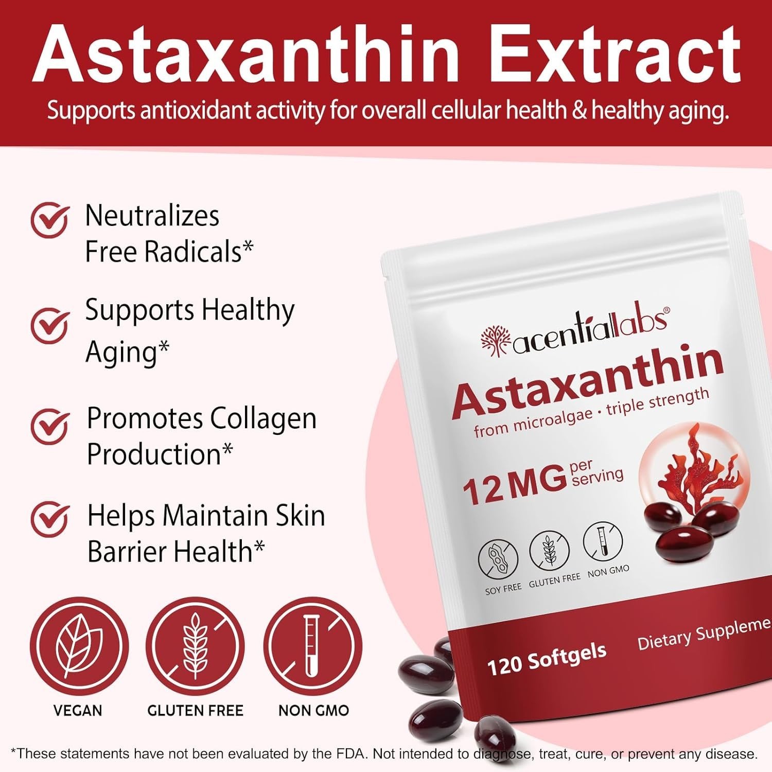 Astaxanthin 12mg 120 Softgels, Microalgae, Antioxidant Supplement, Eye & Skin