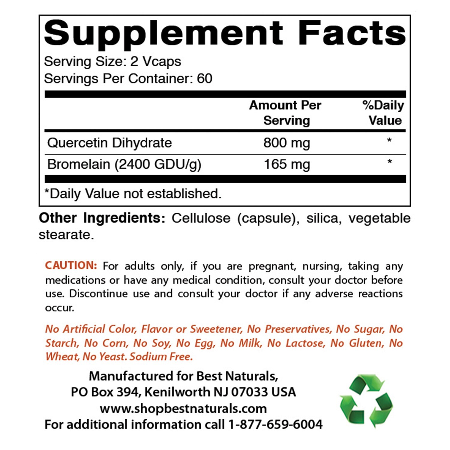 Best Naturals Quercetin with Bromelain 800mg 120 Veggie Capsule