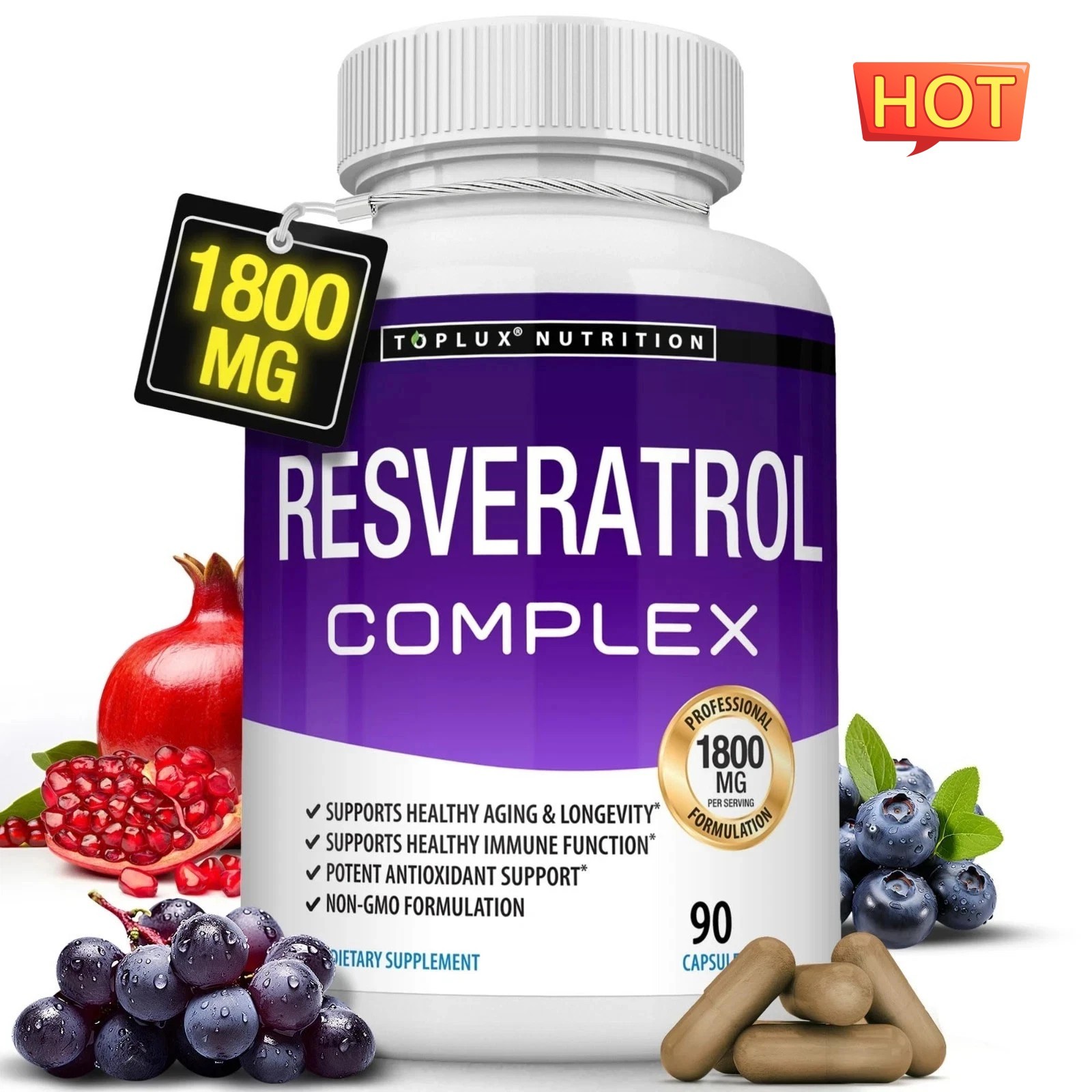 Toplux Nutrition Resveratrol Complex 1800mg 90 Capsules Non-GMO Antioxidant