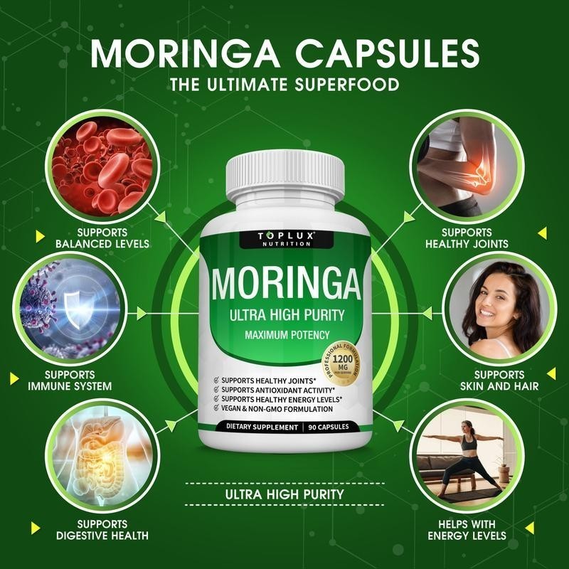 1200mg Pure Moringa Capsules – 90 Count: Support Immune & Gut Function+