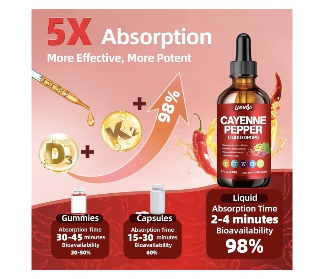 LunfQA Cayenne Pepper Liquid Drops w/ D3 K2 Hawthorn Beet Non-GMO 2 fl oz