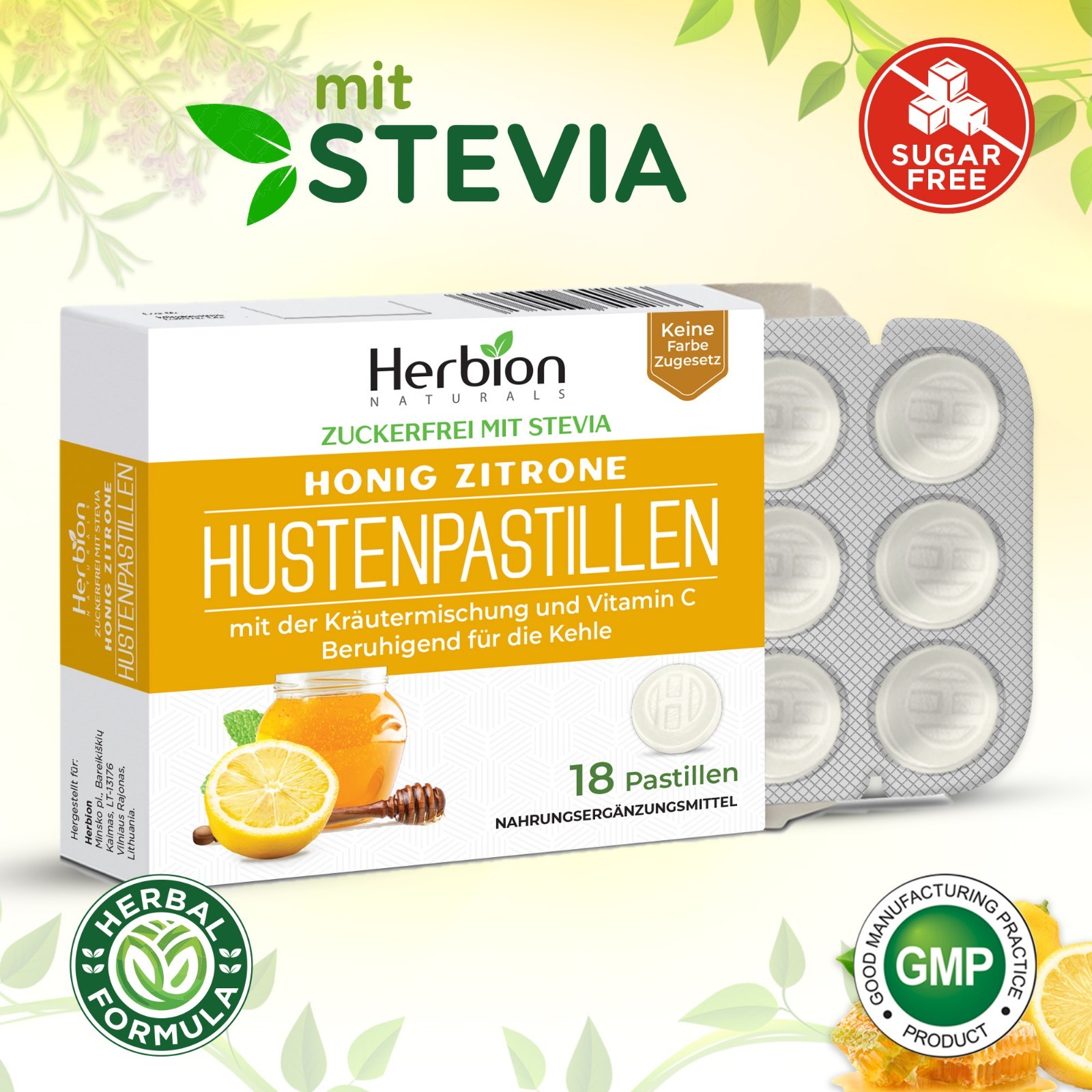 Herbion Sugar-Free Honey Lemon Throat Lozenges | 48 Packs 18 Counts