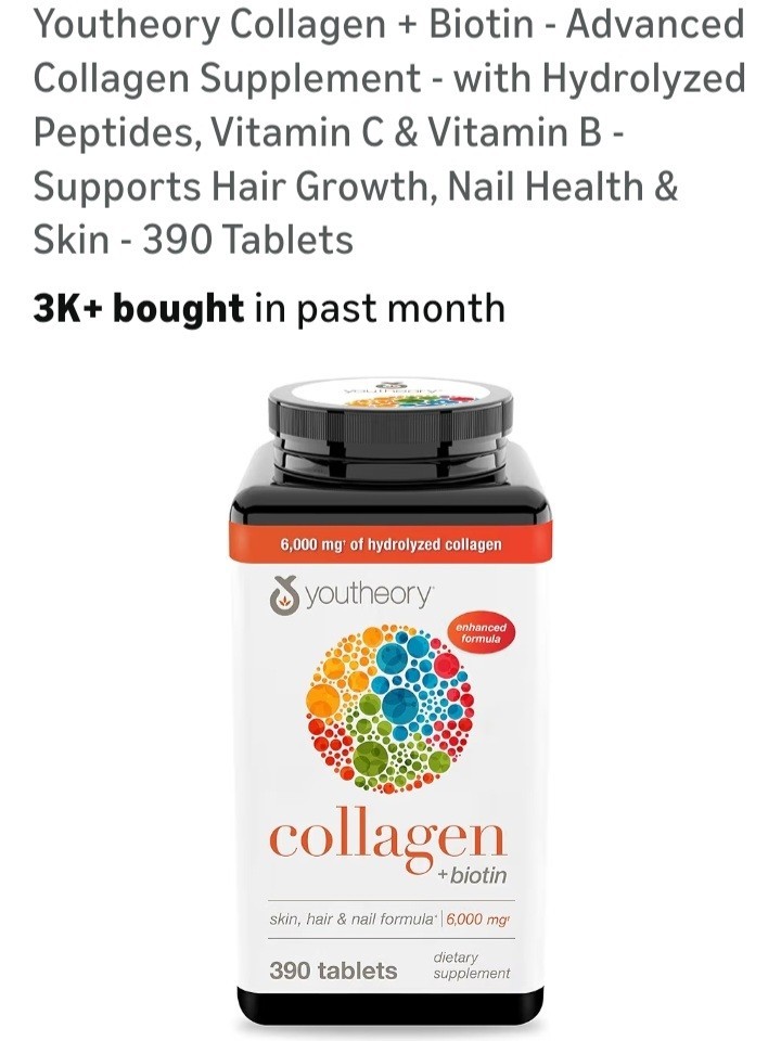 Youtheory Collagen Biotin Vitamin C B 6000mg Tablets Hair Skin Nail Health 390ct