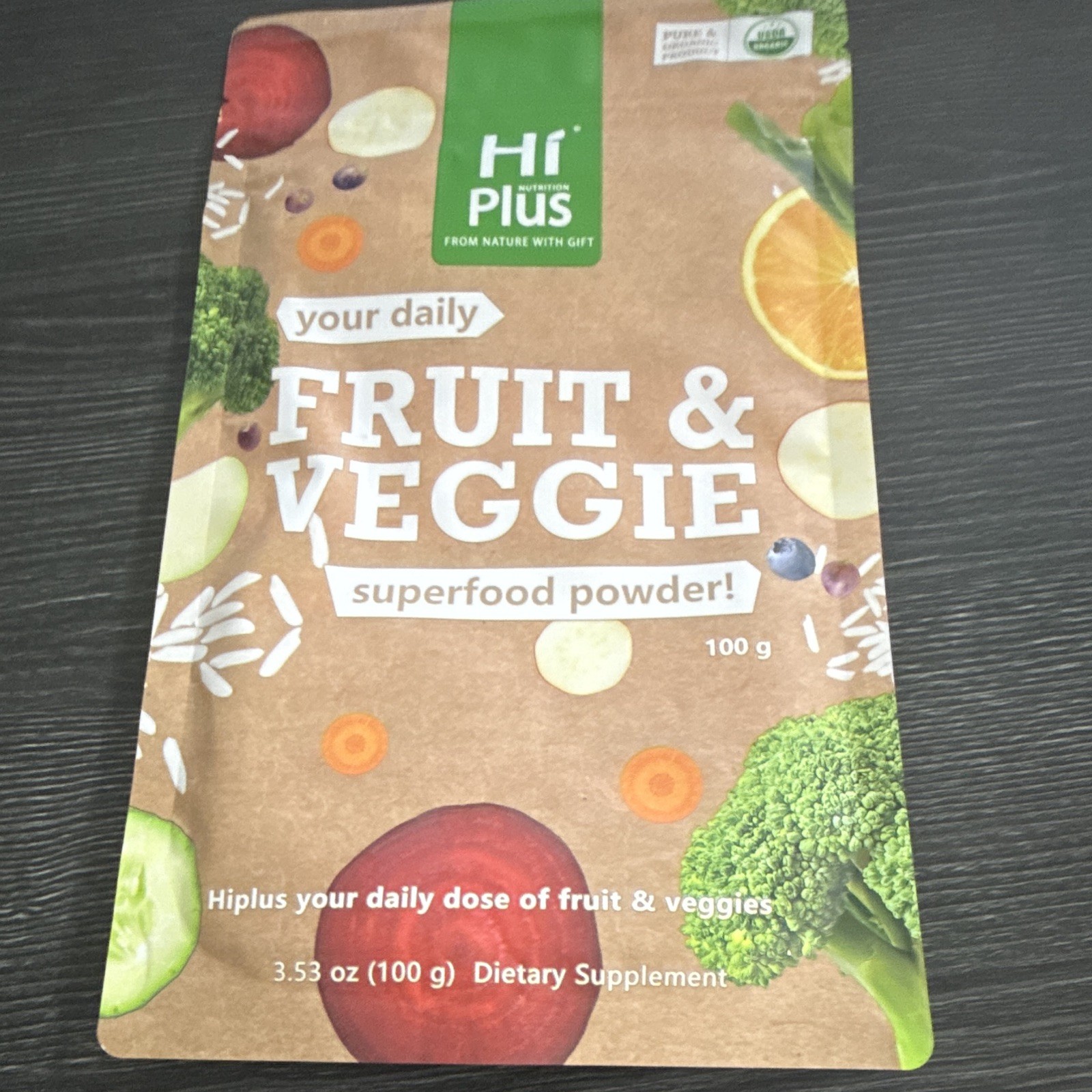 HiPlus Fruit & Veggie Superfood Powder USDA Organic 3.53oz (100g) Exp 12/25
