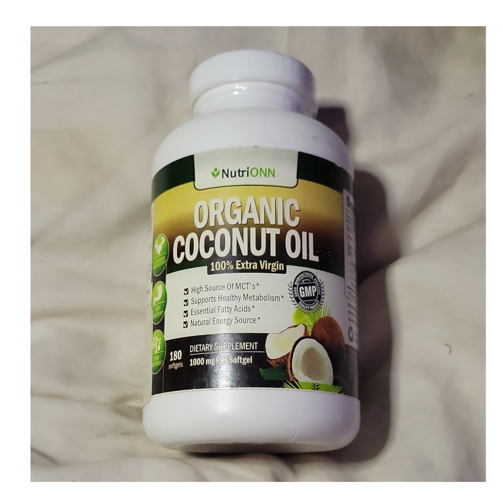 NutriONN Organic Extra Virgin Coconut Oil Softgels 1000mg 180 Energy Support