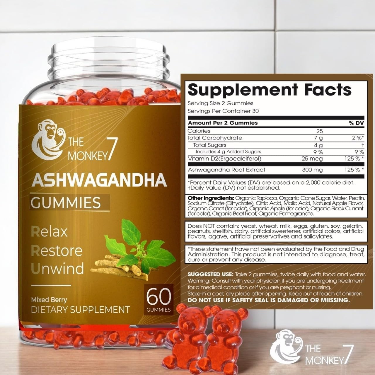 Ashwagandha Gummies 1200mg Equivalent (Mixed Berry Flavor) 30 Servings – 2 Pack