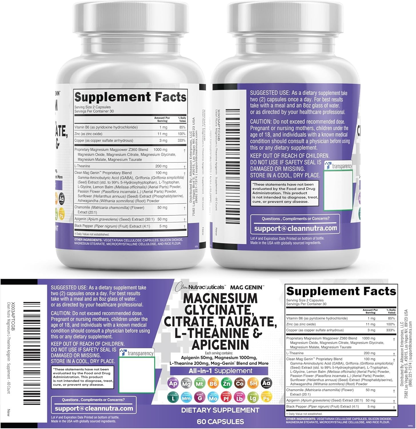 Magnesium Glycinate Complex 1000mg L-Theanine Sleep Support 60 Capsules