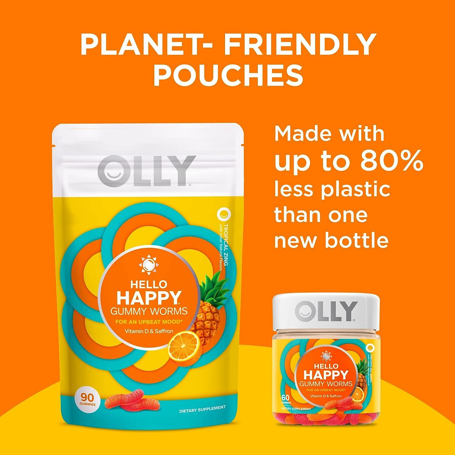 OLLY Hello Happy Gummy Worms, Mood Balance Support, Vitamin D, Saffron 90 Count
