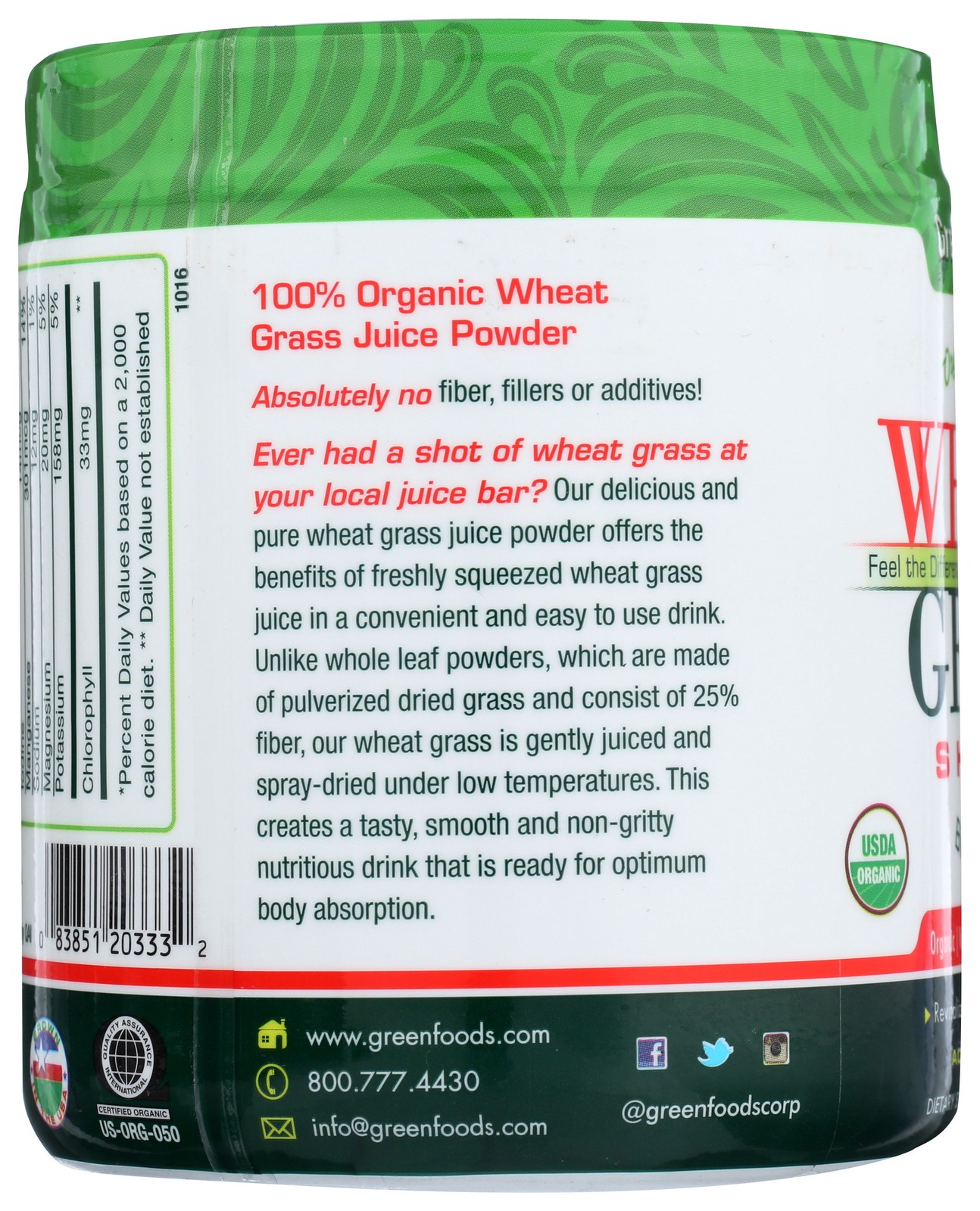 Organic Wheat Grass Shots Green Foods Dietary Supplement 5.3 Oz Powder 1 Pack