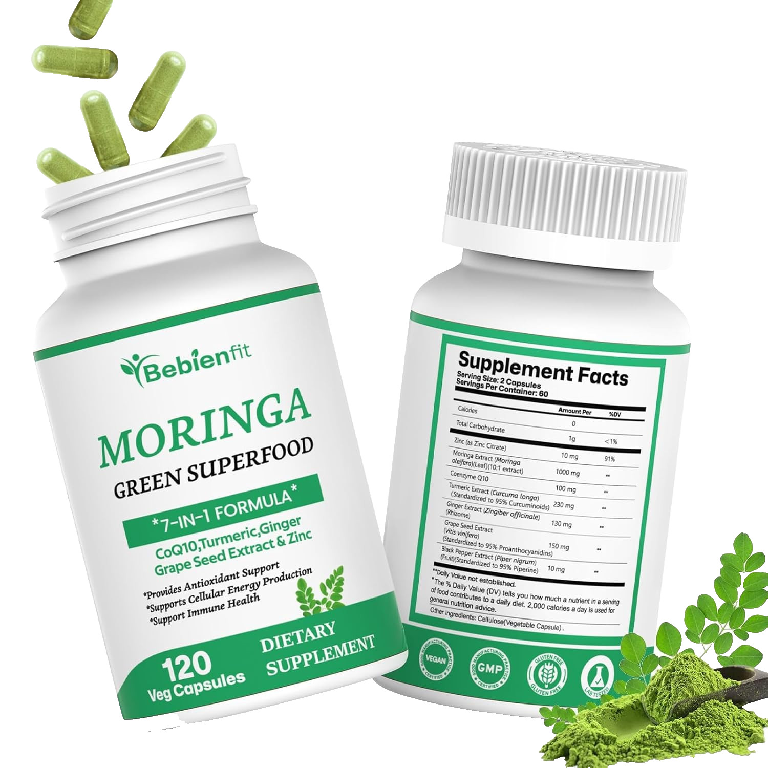 Moringa Green Superfood 7 In 1 Dietary Supplement 1000MG 120 Caps Exp 7/27