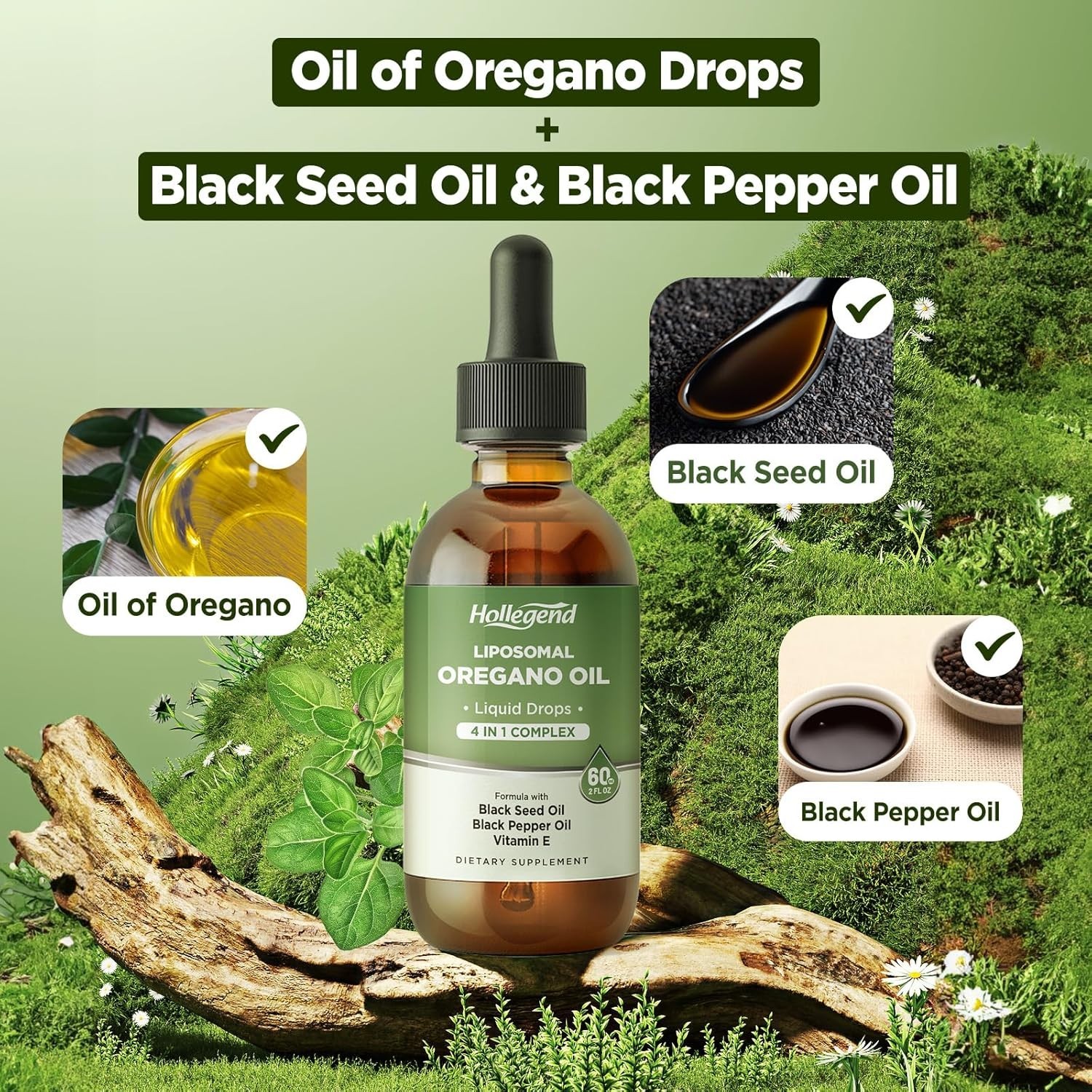HOLLEGEND Liposomal Oregano Oil Liquid Drops, Organic Oil of Oregano Carvacrol