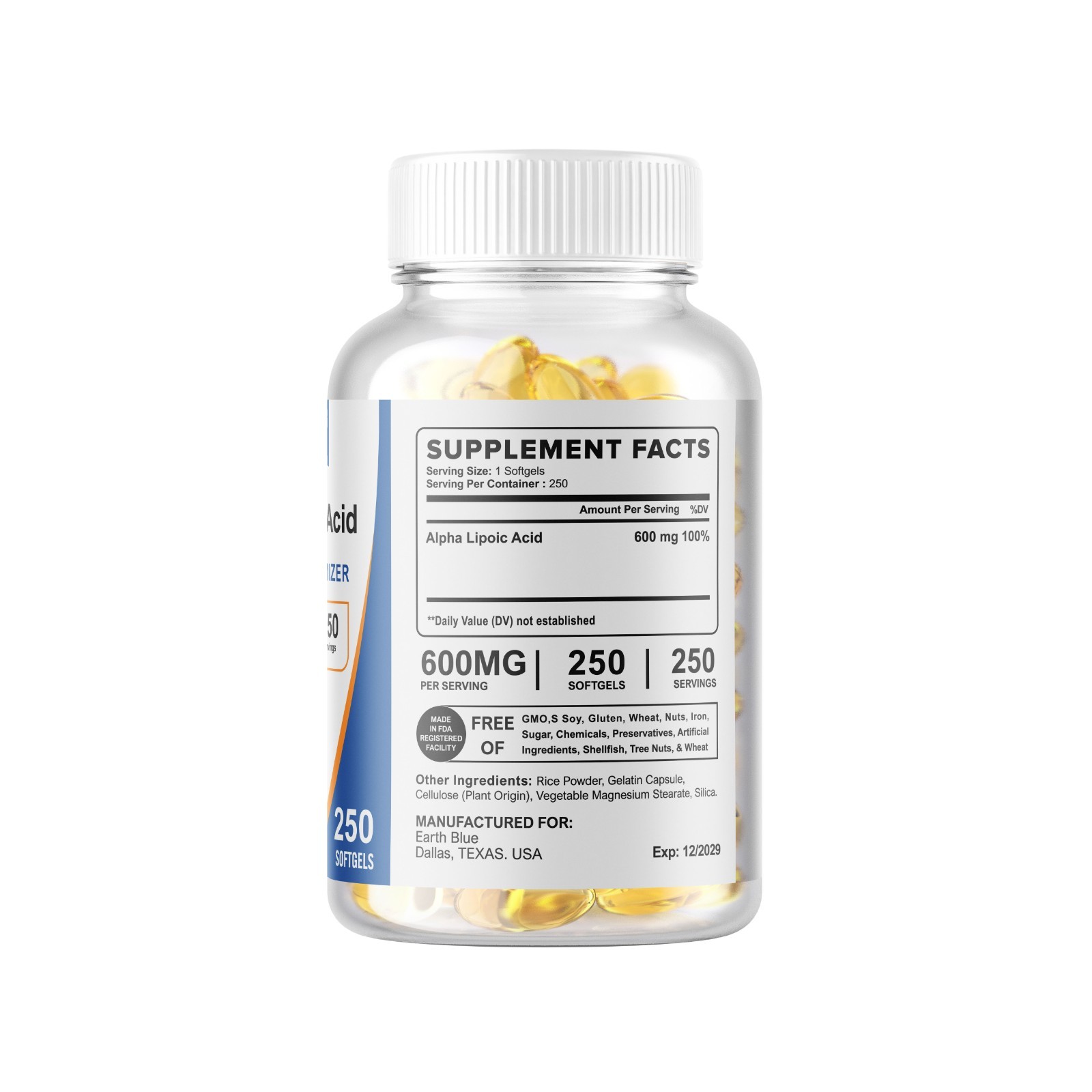 Alpha Lipoic Acid – 600mg Per Serving – 250 Softgels