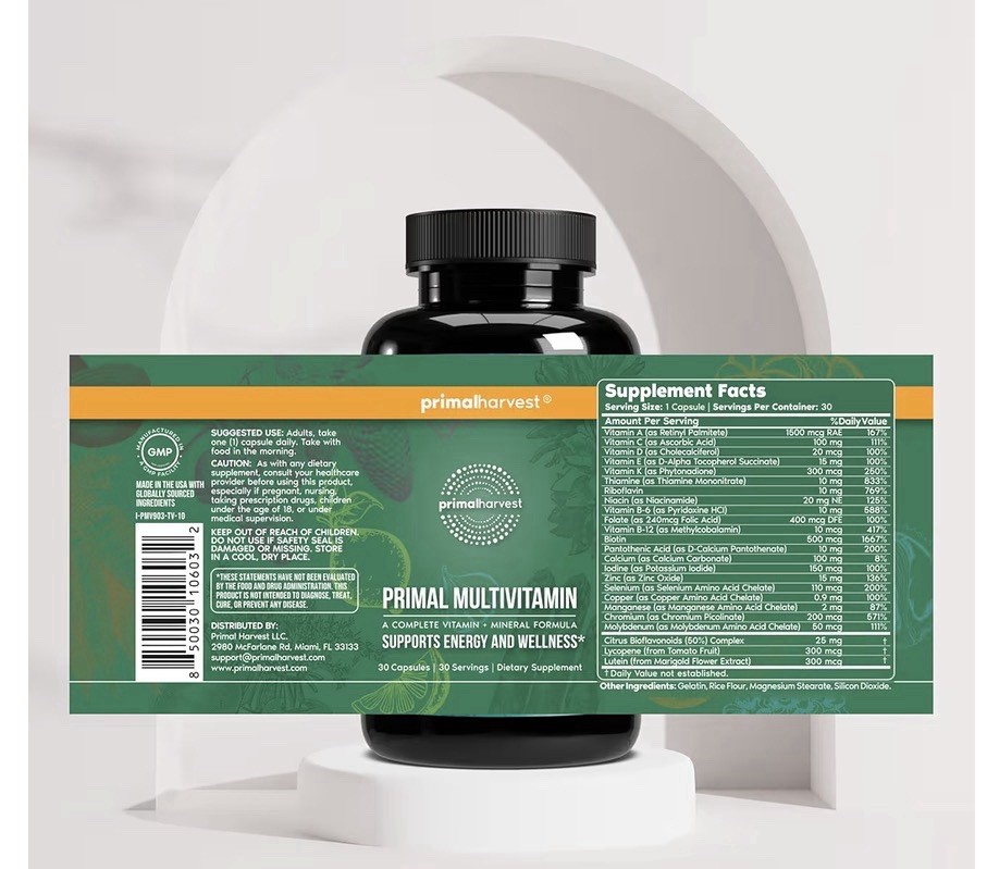 Primal Harvest Primal Multivitamin Daily Vitamin Support Energy Wellness 30 Caps