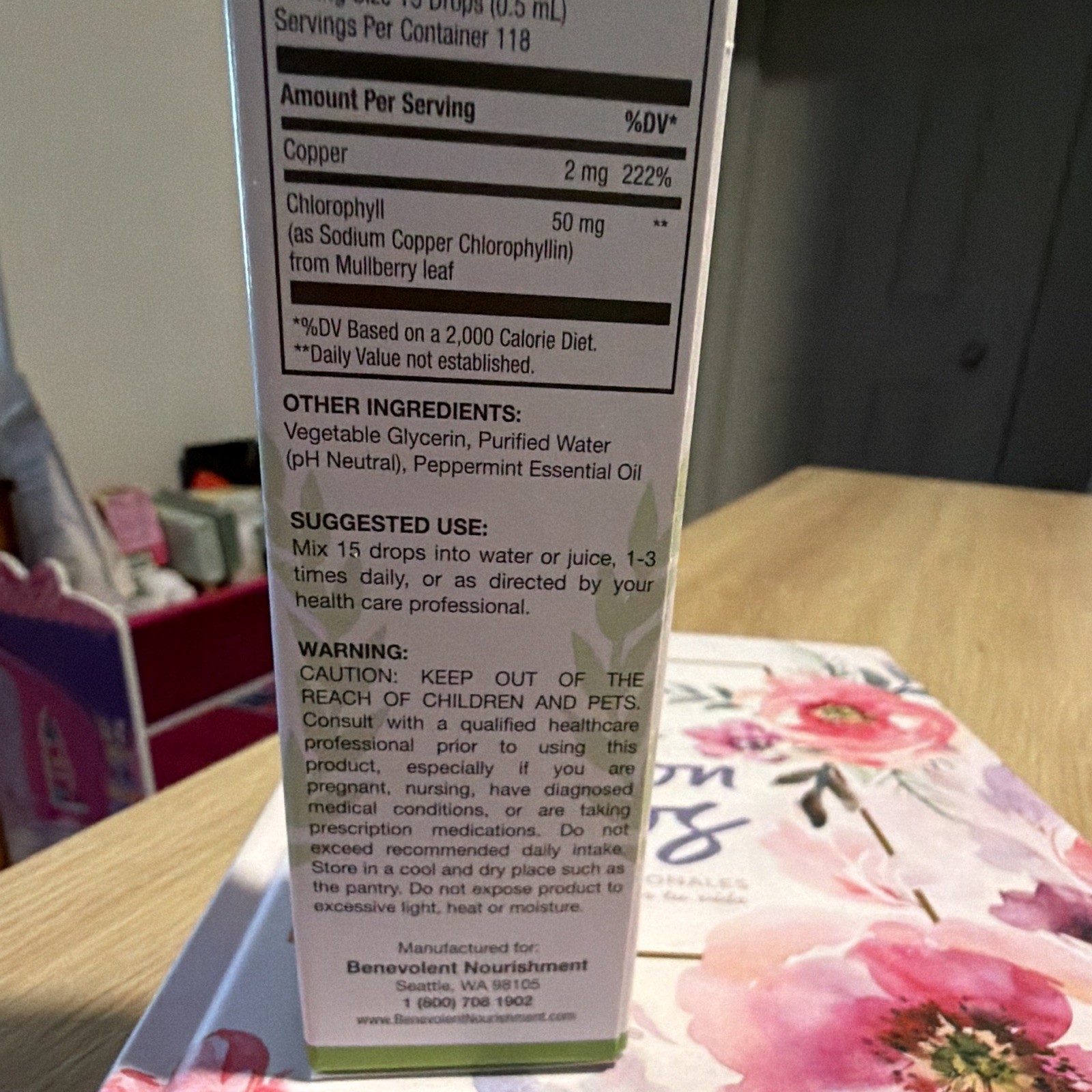 Benevolent Nourishment Liquid Chlorophyll Mint Alcohol Free 2 fl oz Exp 09/2027