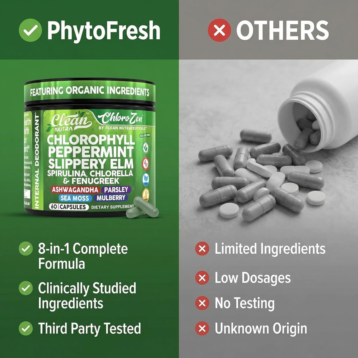 Clean Nutra Chlorophyll Capsules + Peppermint Slippery Elm Spirulina exp. 3/2028