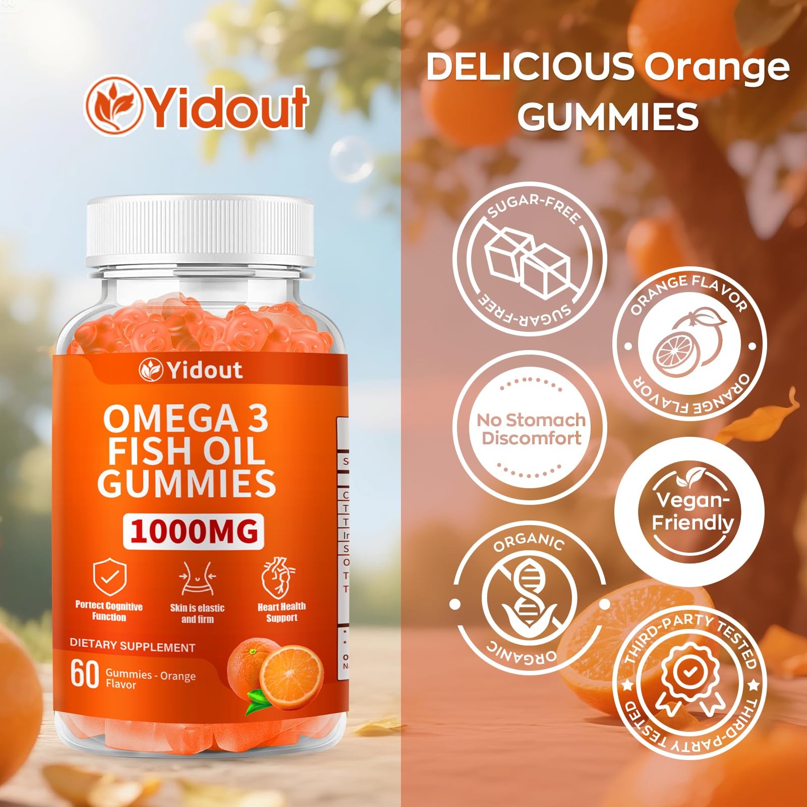 Yidout Omega 3 Fish Oil Gummies Delicious Orange Flavor Fish Oil Gummy