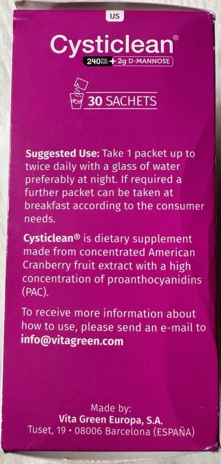 Cysticlean 240mg PAC + 2g D-Mannose 30 Packets Urinary Tract Health Exp 2027 New