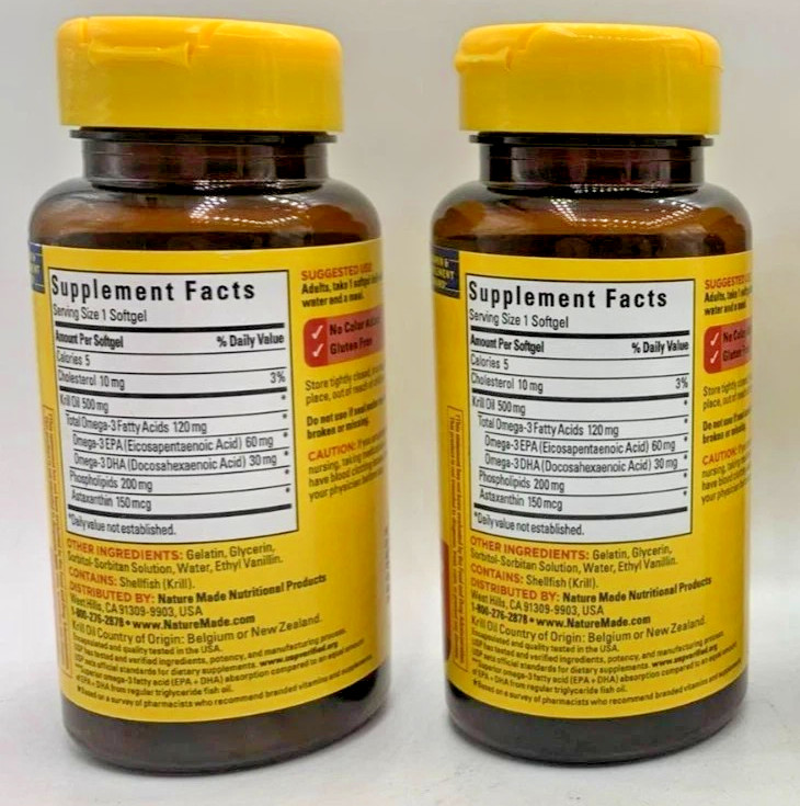 LOT Of 2 NATURE MADE KRILL OIL 500 MG w/ Astaxanthin Omega-3~ EXP 07/2026 &05/26