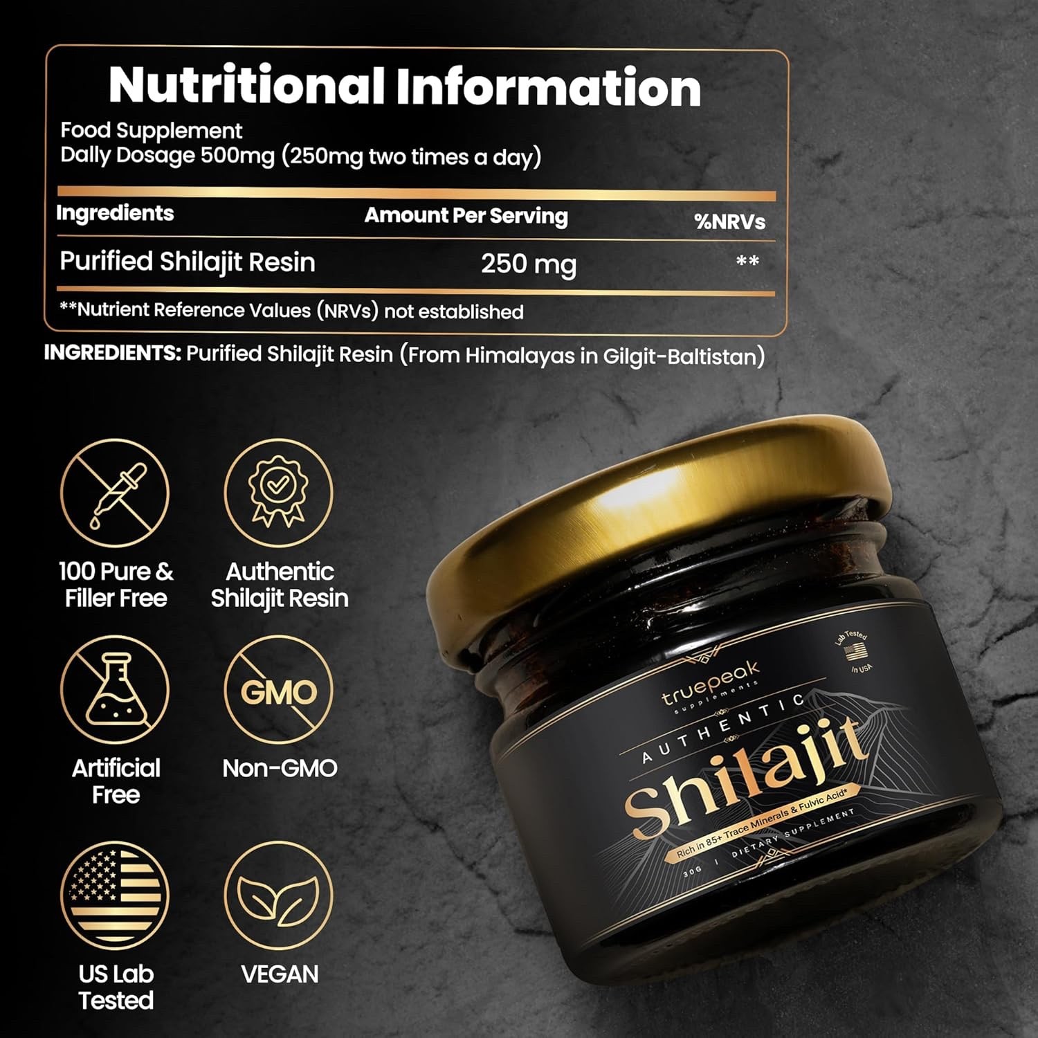 TruePeak Himalayan Shilajit Resin – Gold Grade, US-Lab Verified&Tested 30 grams