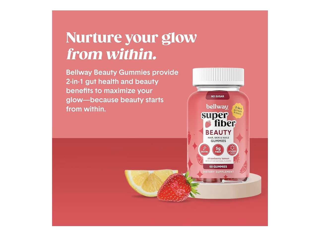 bellway Super Fiber Beauty Hair Skin Nails Gummies Strawberry Lemon No Sugar 60…