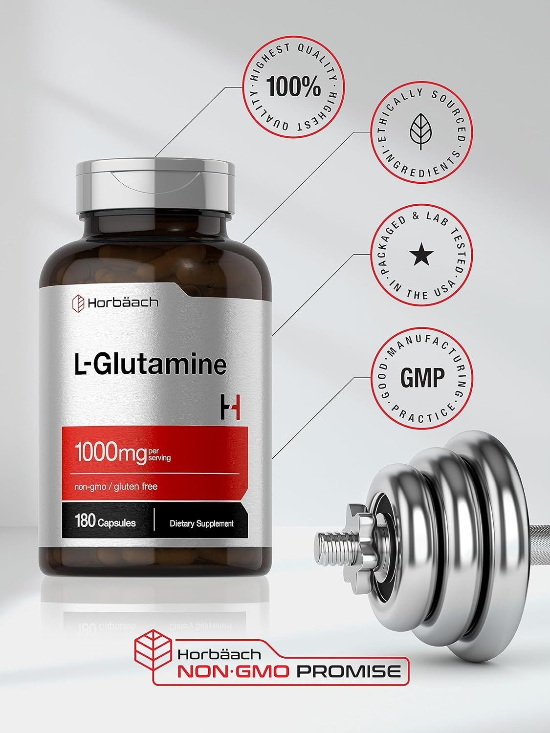 L-Glutamine Capsules 1000mg, 180 Count, Pre and Post Workout Supplement Horbaach