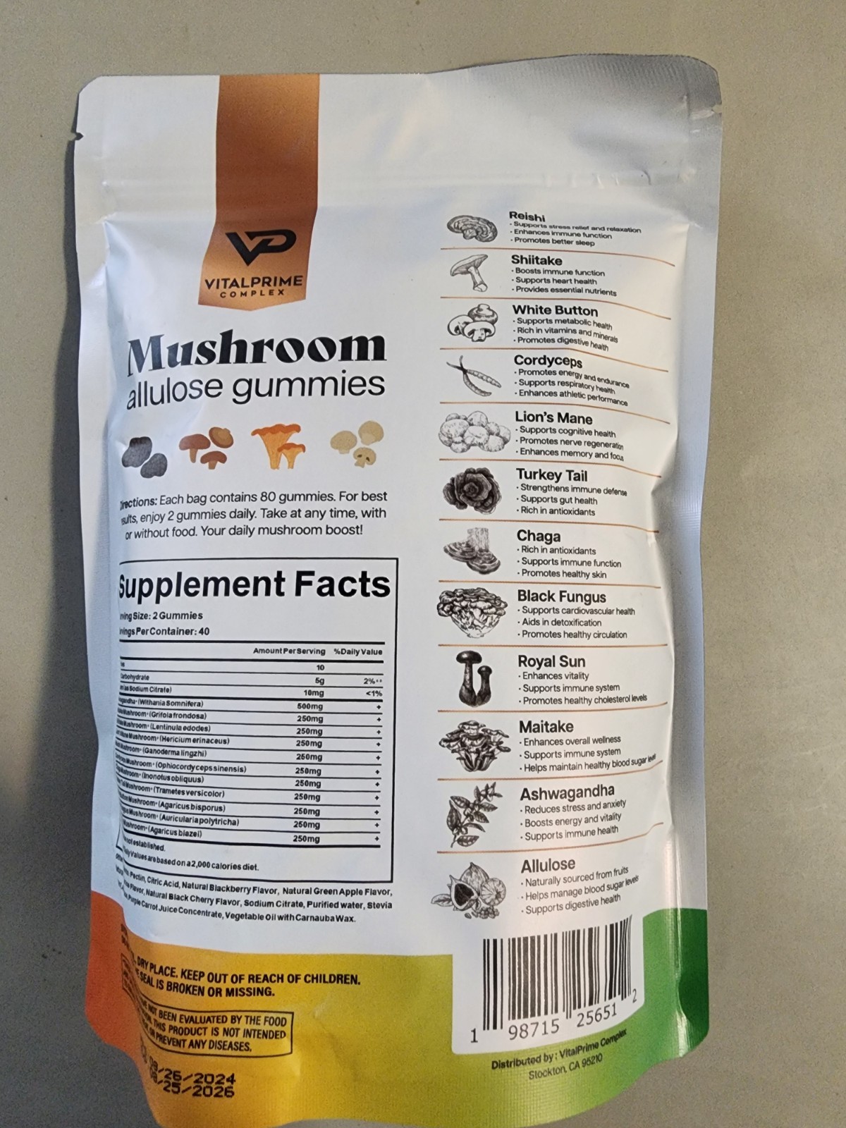Vital Prime Ashwagandha & Allulose Mushroom Gummies Sweetener, 80ct Exp 08/26