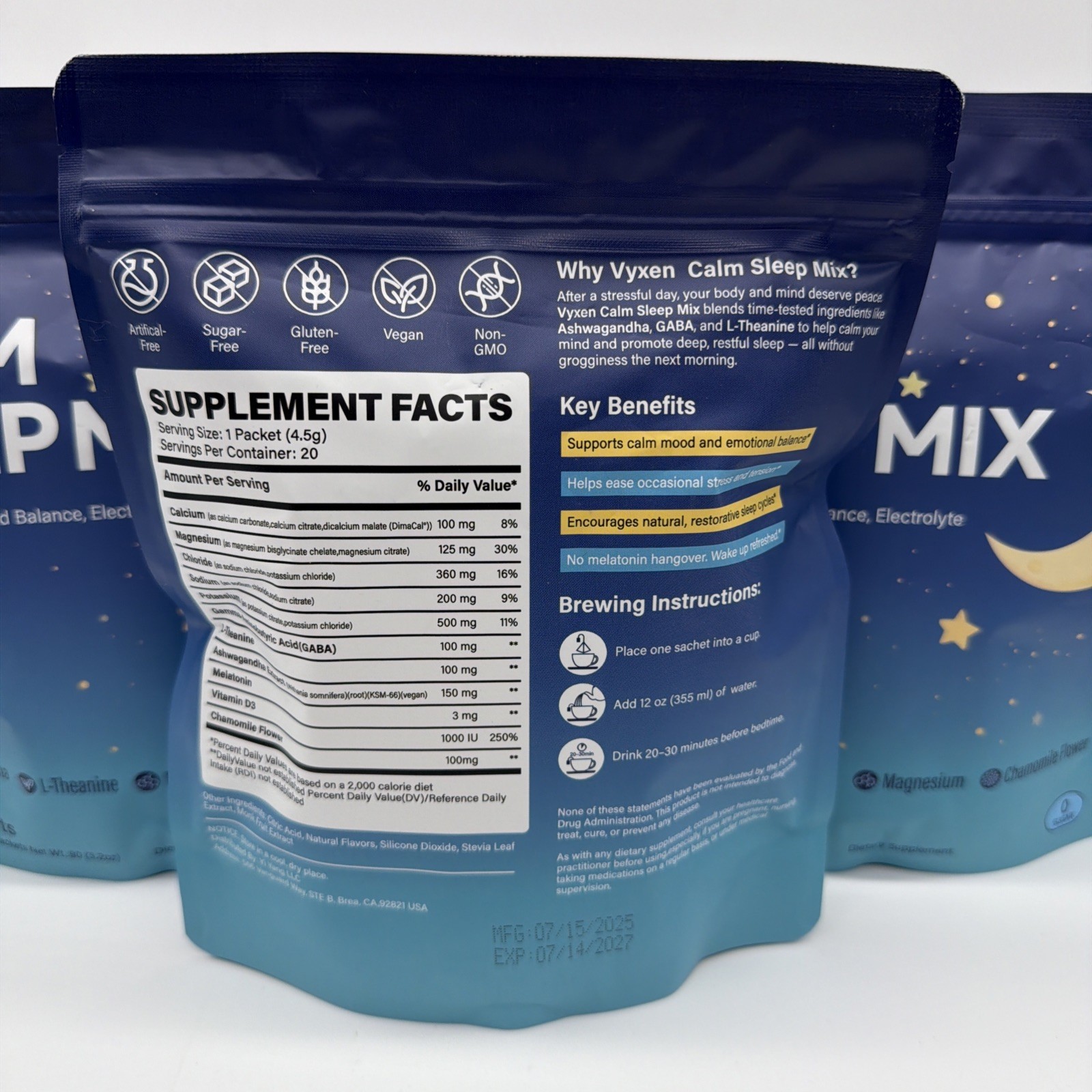 3X Vyven Calm Sleep Mix 20ct Raspberry Lemonade Magnesium Melatonin Sleep Powder