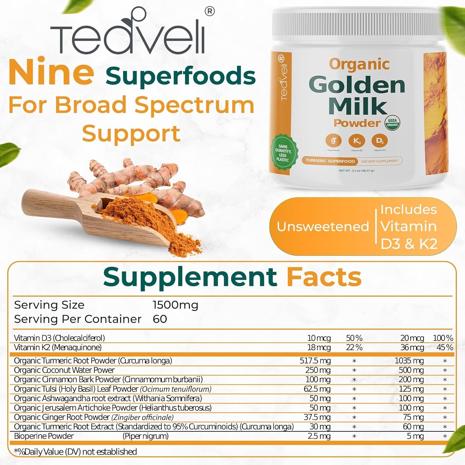 Organic Golden Milk Powder with Vitamin D3 & K2, Turmeric , Ginger , KSM66 Ashwa