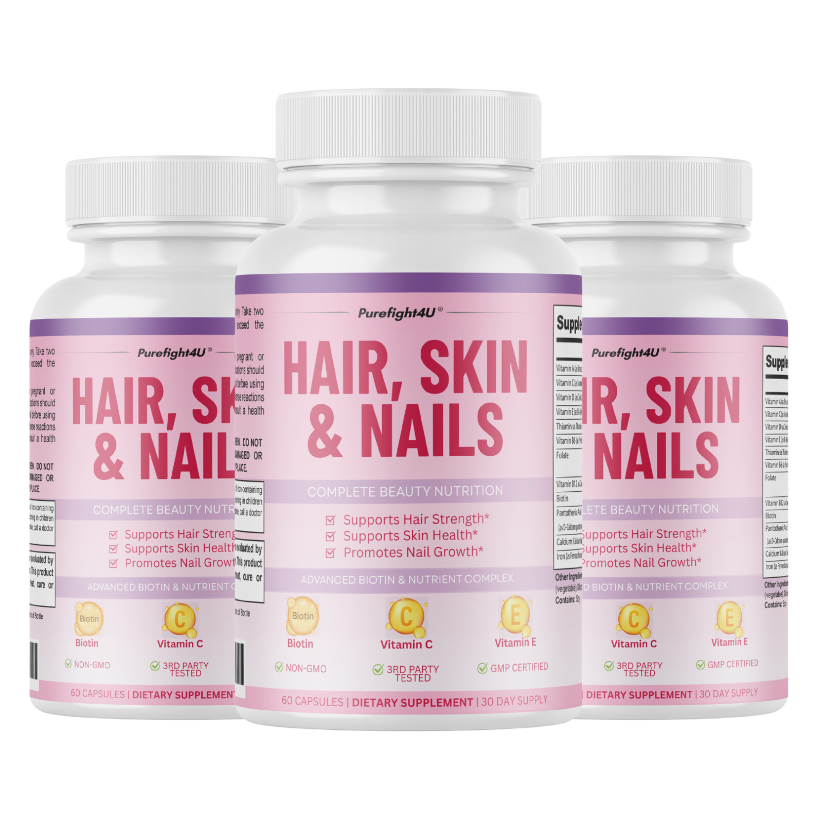 Purefight4u Hair, Skin & Nails Supports Healthy Hair Growth wBiotin – 3 Bottles